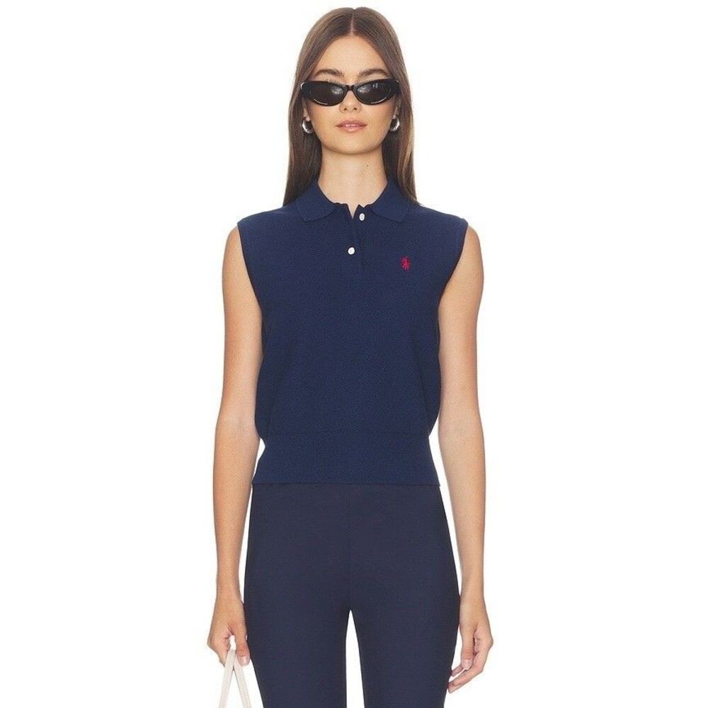 Polo Ralph Lauren Cropped Sleeveless Polo Sweater Vest Blue XS Y2K